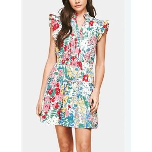 Floral Ruffle Mini Dress Flutter Sleeve Smocked Waist Multi Color Tiered Skirt